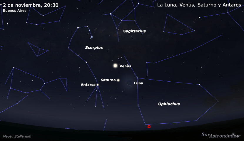 La Luna, Venus, Saturno y Antares
